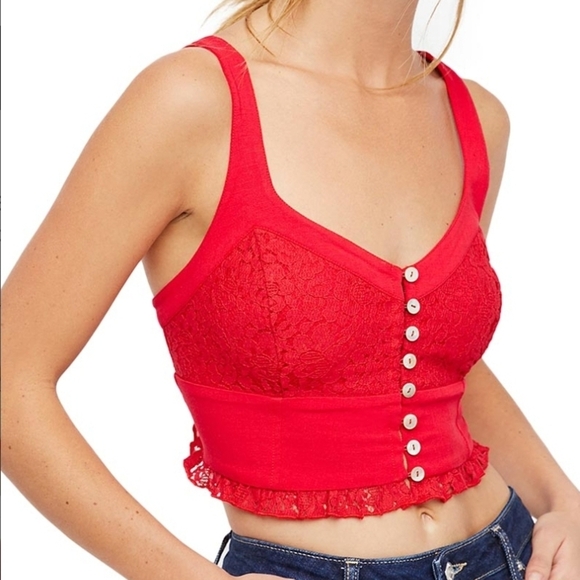 Free People Here I go lace brami Red Button-Up Crop Top Size Small - Picture 1 of 8